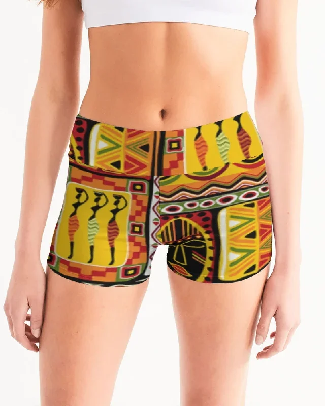 AKH African Mural Art Women's Mid-Rise Yoga Shorts