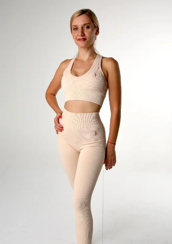 ''Aoma'' Beige - Solid Leggings and Sports Bra Set