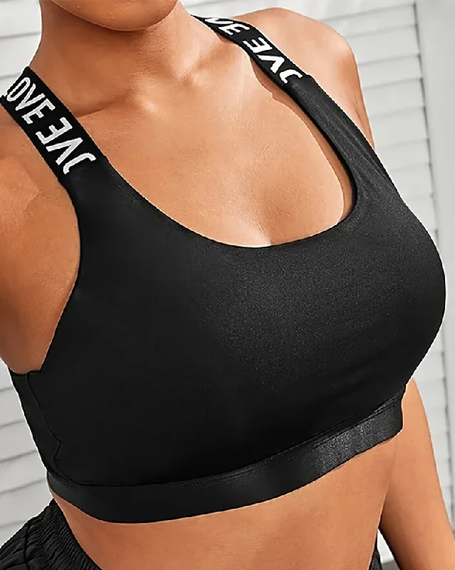 Colorblock Sports Bra Removeable Pad Plus Size Fitness Bra Black XL-4XL