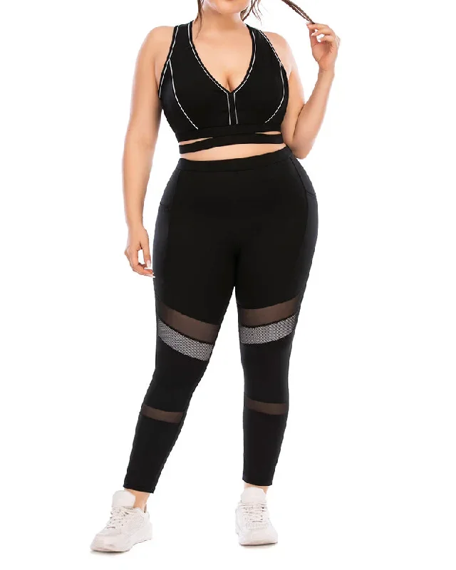 Fashion Fitness V Neck Sport Bra Patchwork Mesh Legging Matching Yoga Sets Plus Size Yoga Black L-3XL