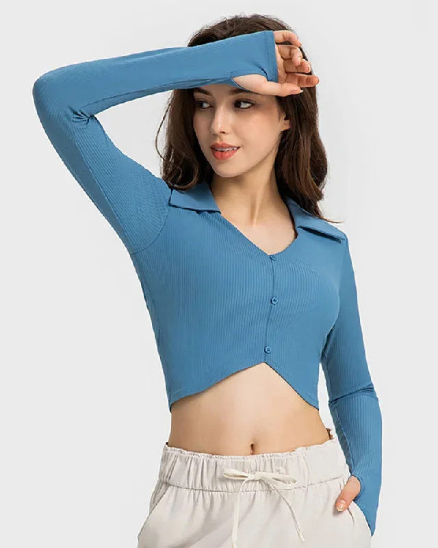 Lapel Long Sleeve Show Waist Knit Slim Sports Tops 4-12