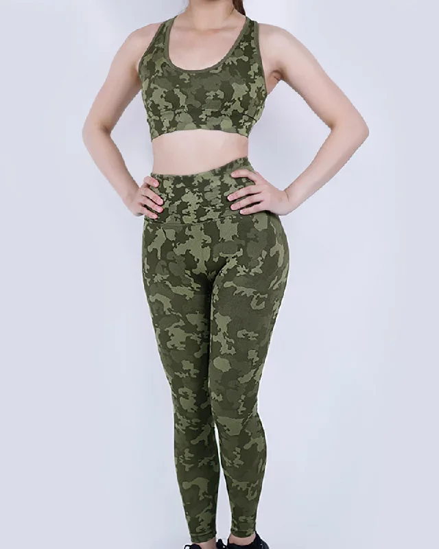 New Popular Seamless Camo Printed Sports Bra Pants Sets Yoga Two-piece Set Pink Green Brown Gray S-L