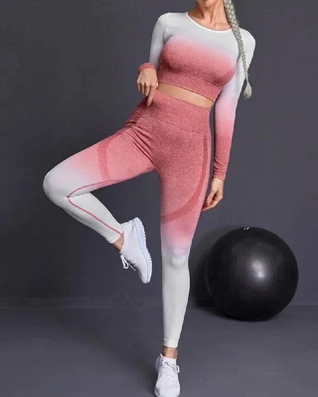 New Women Long Sleeve Gradient Sports Yoga Fitness Two-piece Sets S-L Pants Sets