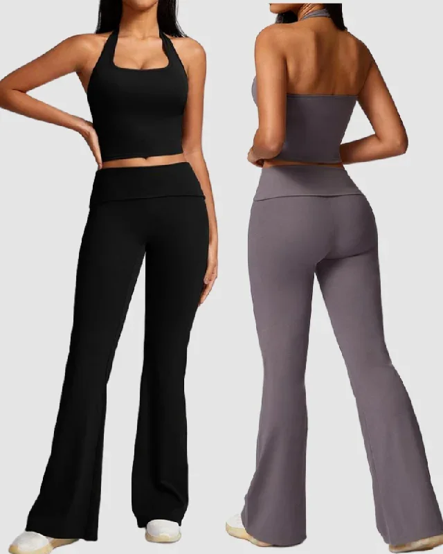 OEM Halter Neck Vest Slim High Waist Pants Yoga Two Piece Sets Black Brown Pink White Gray S-XL