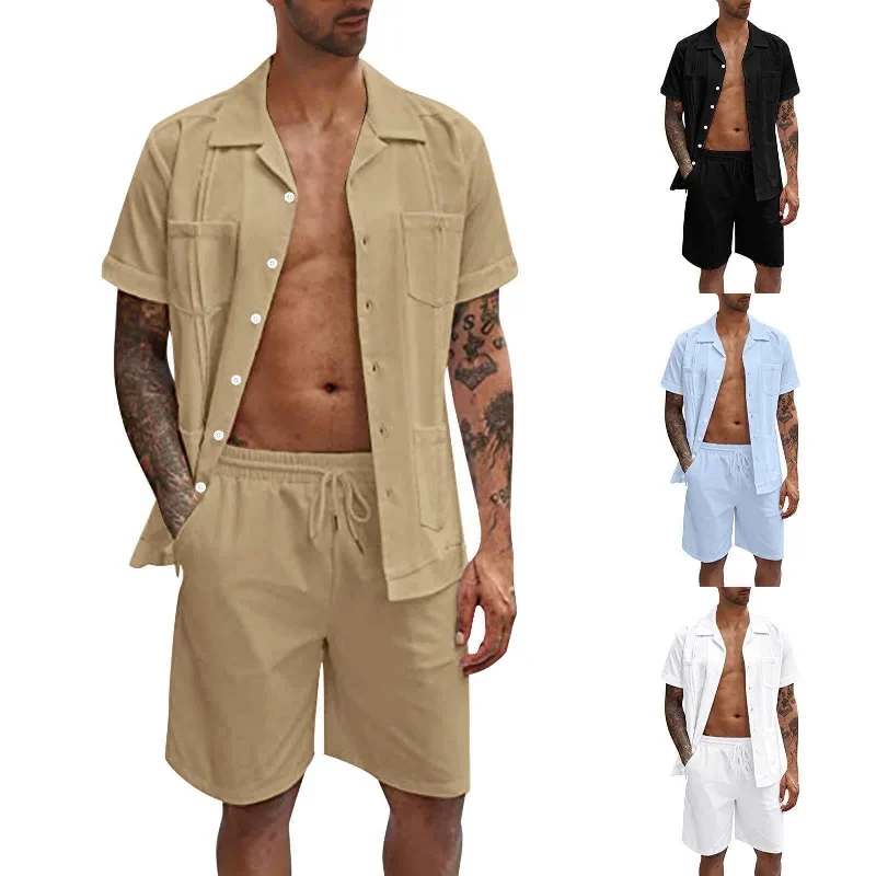 Summer Sports Short Sleeve Shorts Set Linen Loose Casual Men's Shirt Set Summer