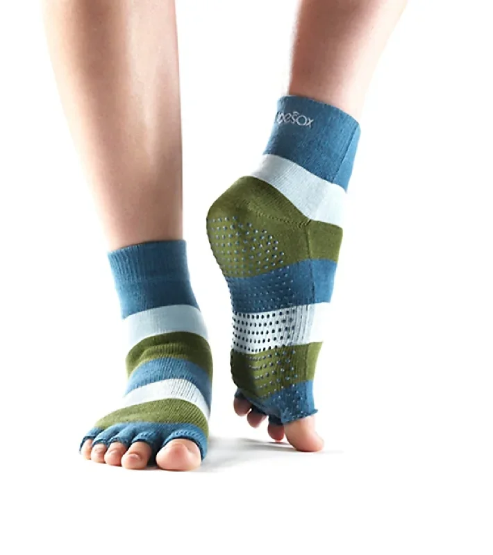 Toesox Ankle Length Half-Toe Yoga Grip Socks Green Blue Stripe