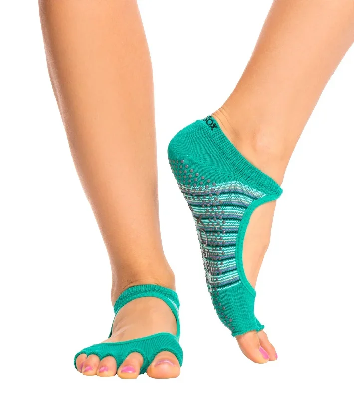 Toesox Bella Half-Toe Yoga Grip Socks Retro Emerald Stripe