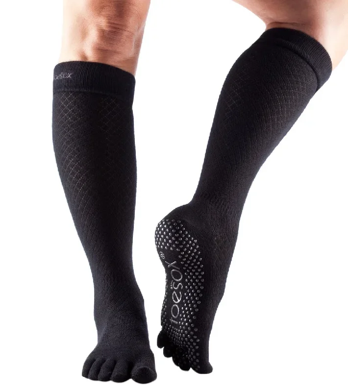 Toesox Knee High Scrunch Full-Toe Yoga Grip Socks Fishnet Black