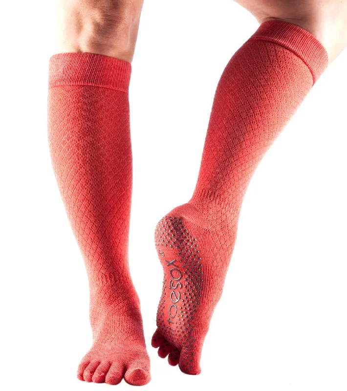 Toesox Knee High Scrunch Full-Toe Yoga Grip Socks Fishnet Poppy