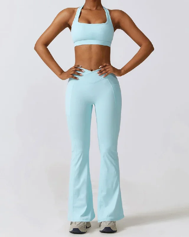 Women Halter Neck Square Collar Bra High Waist Flared Pants Yoga Two Piece Set S-XL