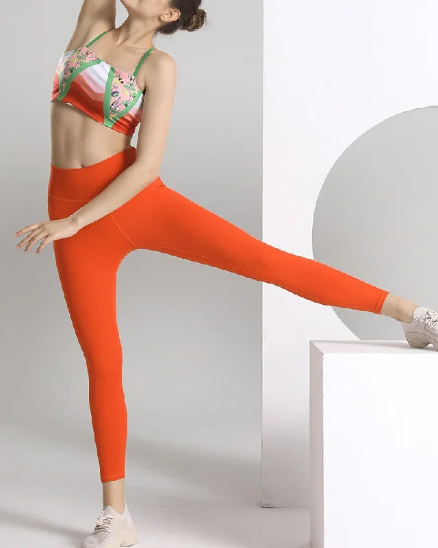 Women Printed Sports Wear Running Yoga Two-piece Sets Orange S-L Pants Sets