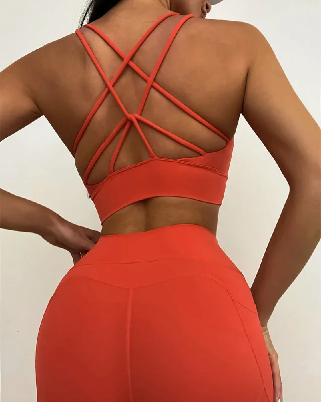 Women Solid Color Criss Thin Straps Back Sports Bra Slim Leggings Active Wear S-XL Pants Sets